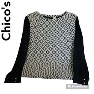 Chico's Sheer Sleeve women’s size large 12 white black textured Diamond Pattern